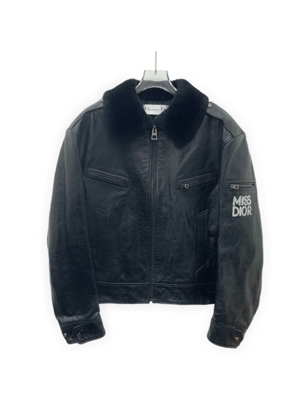 Dior 24 Collection Black Bee & Letter Embroidered Leather Zip Jacket